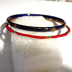 2 Vintage Cloisonné Enamel + Red Beaded Bangle Bracelet